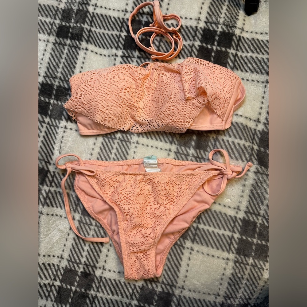 Peach Strapless Lace Bikini Set
